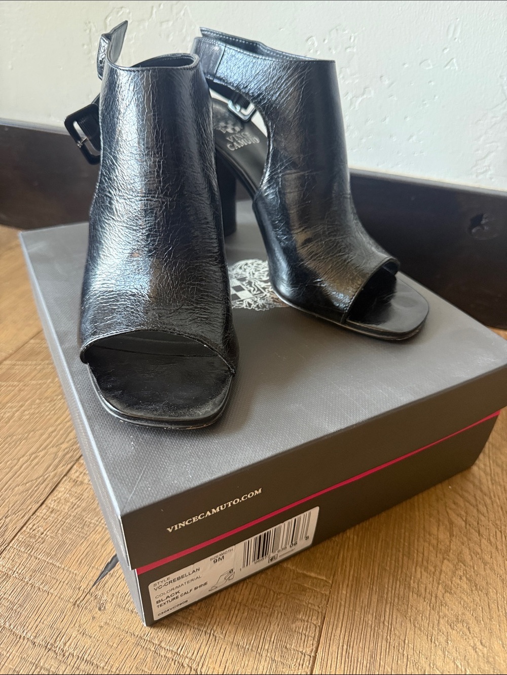 Vince Camuto Black Leather Open-Toe Heeled Booties with Cutout Vamp